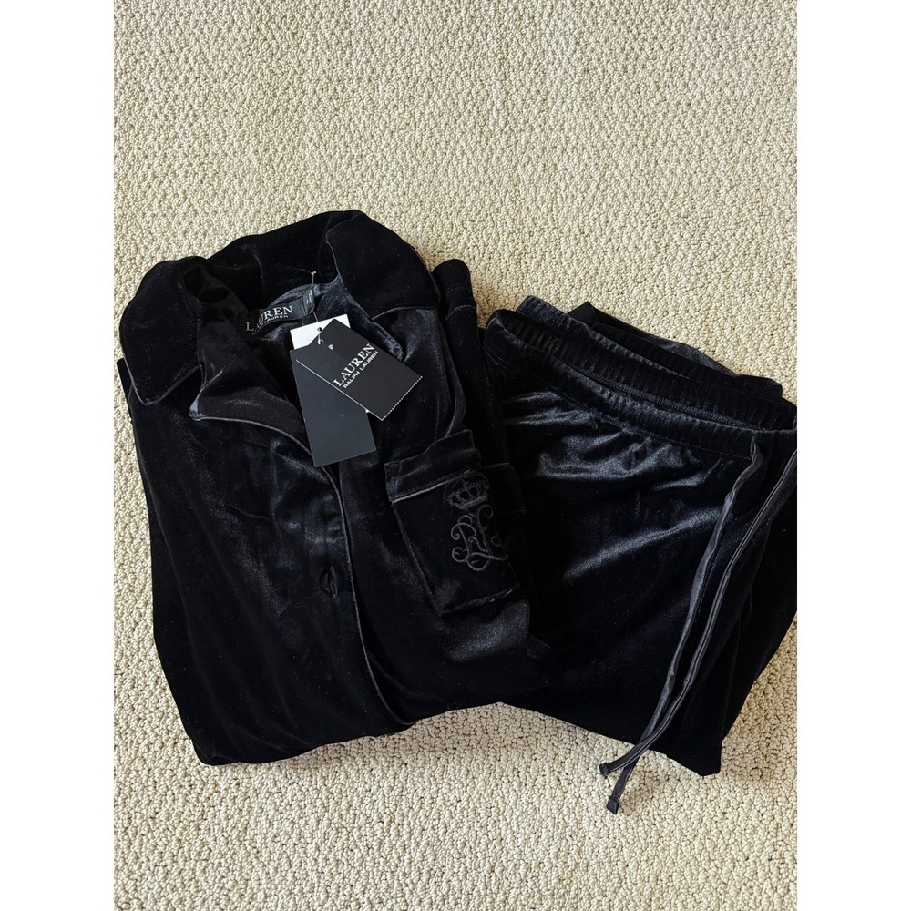 Lauren Ralph Lauren Pajama Set Women's Medium Black Velour 2 Piece Sleepwear - Picture 3 of 16